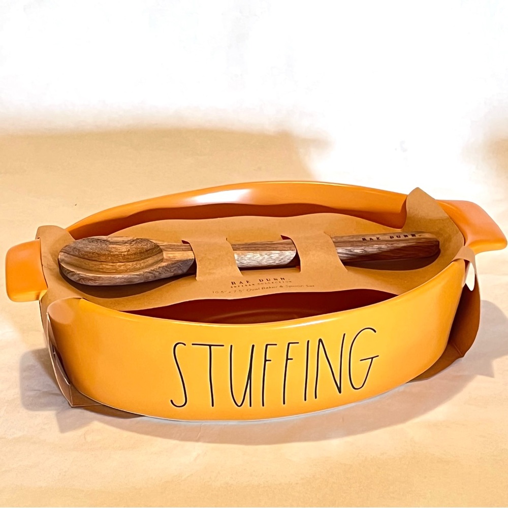 Rae Dunn STUFFING Ceramic Oval Baker Casserole Dish with Wooden Spoon Orange #2